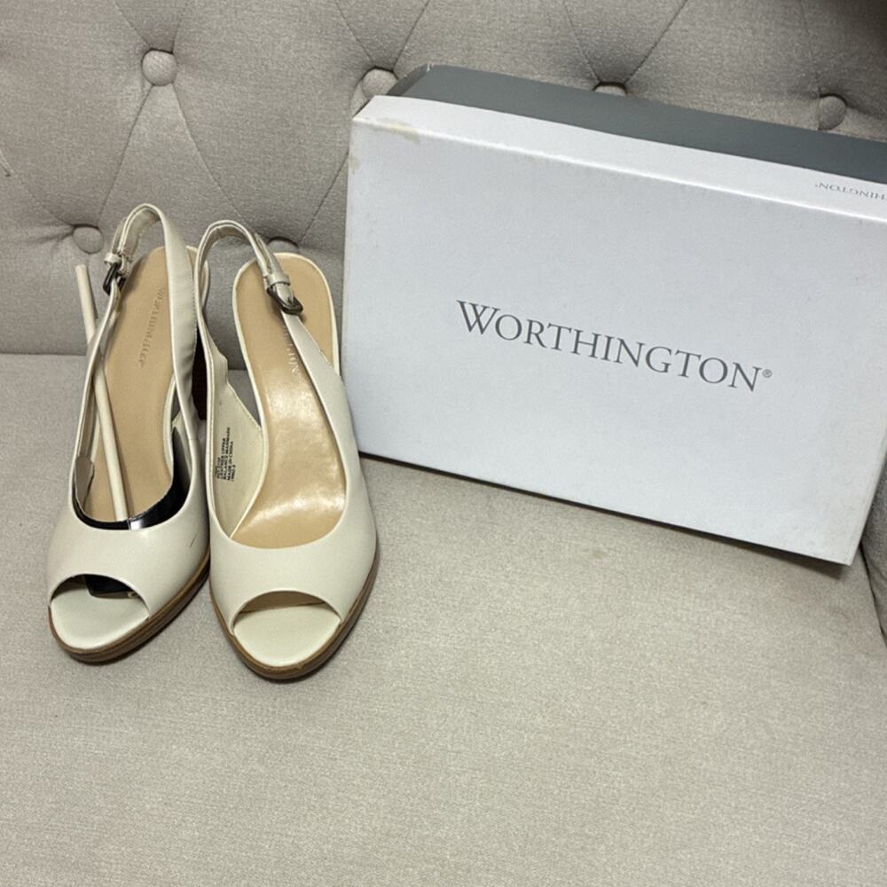 Worthington Leather Slingback Peep Toe Cone Heel Adjustable Strap Bone 7.5M FLAW